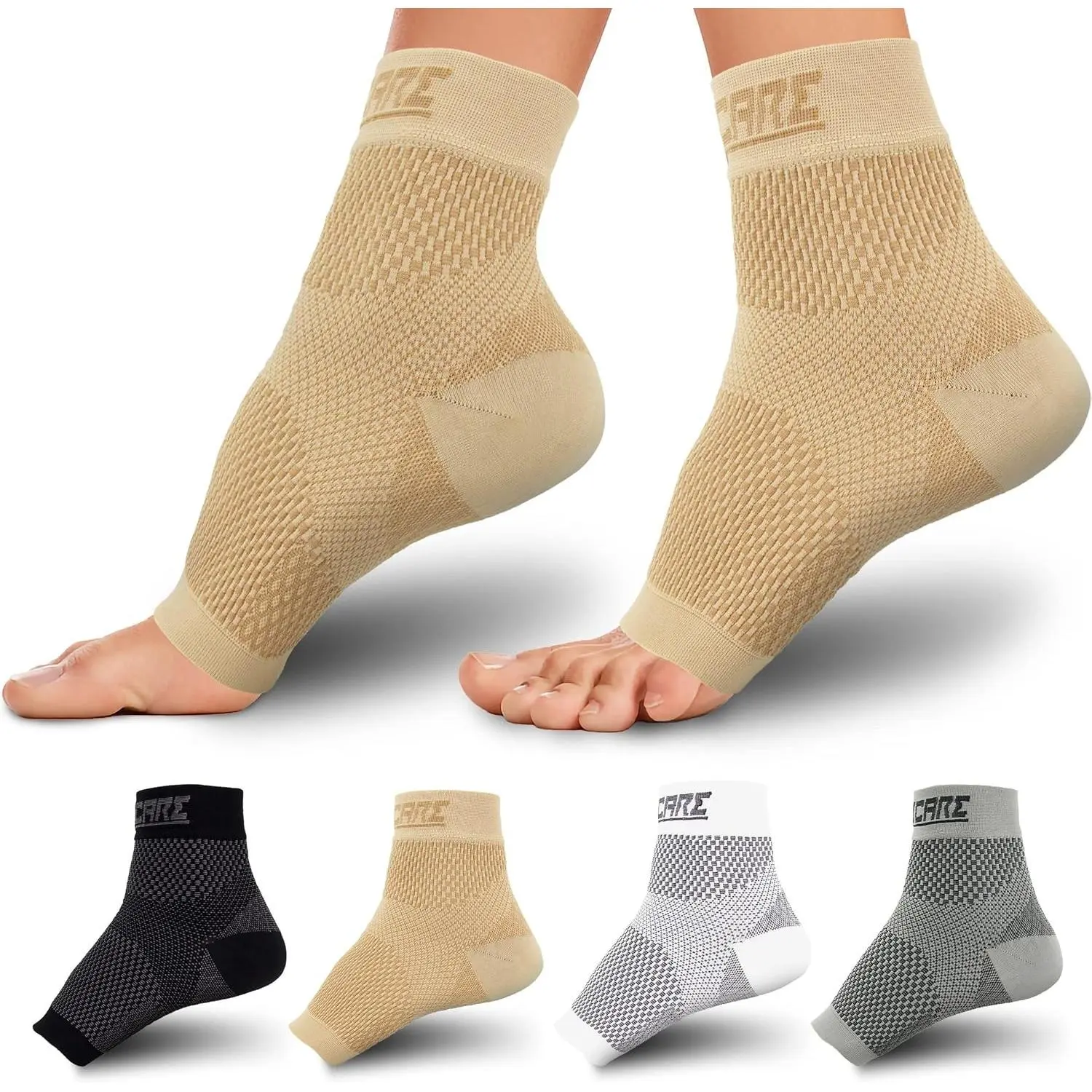 Compression Socks for Women & Men Open Toe (1 Pair) - Best Ankle Compression Sleeve for Swelling, Achilles Tendonitis, Heel Pain & Plantar Fasciitis Relief, Beige, Medium
