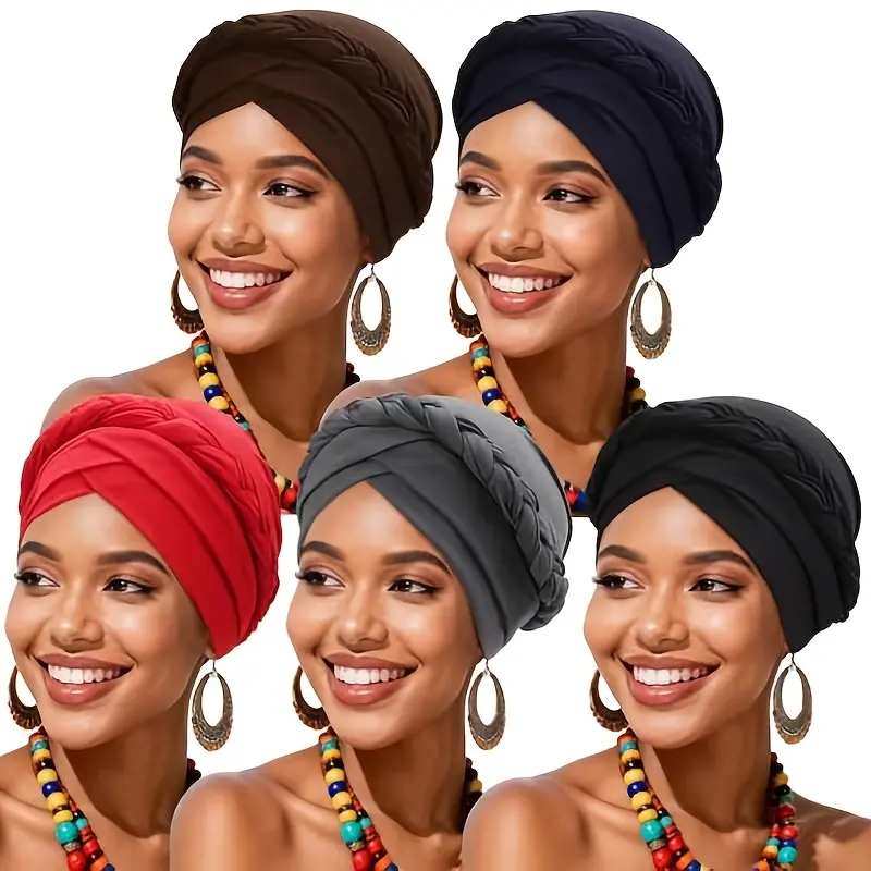 Women's 5-Piece Turban Pre-Tied Twisted Solid Color Hair Wraps Headscarf Cap Set, Female Daily Fashion & Chemo Wear Versatile Headscarf Cap Set, Women's Headscarf Cap Set