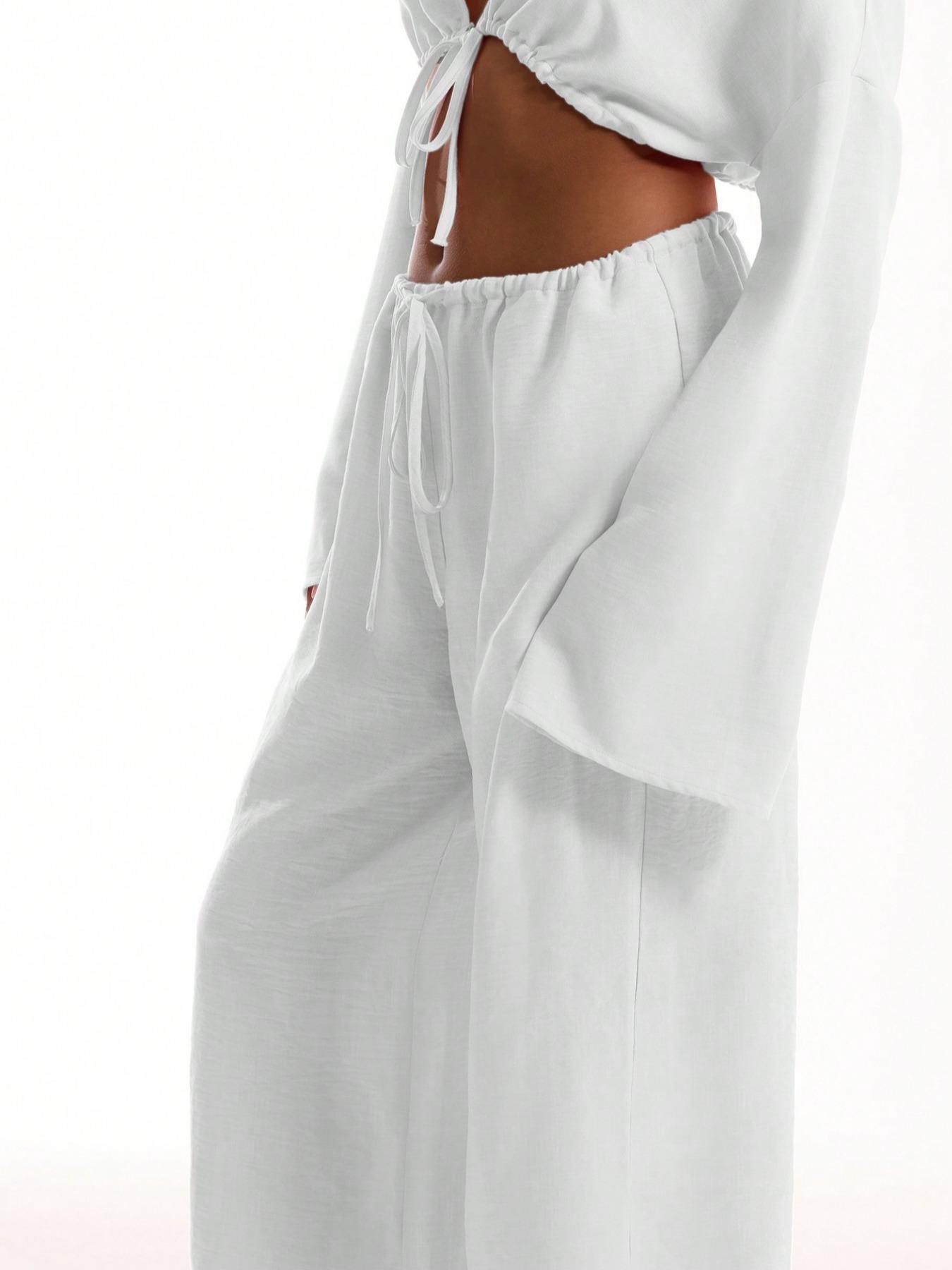 Women's Solid Pocket Pants, Casual Comfy Wide Leg Woven Trousers for Beach Vacation Holiday, Ladies Bottoms for All Seasons, Baggy Legged Pants, Fit