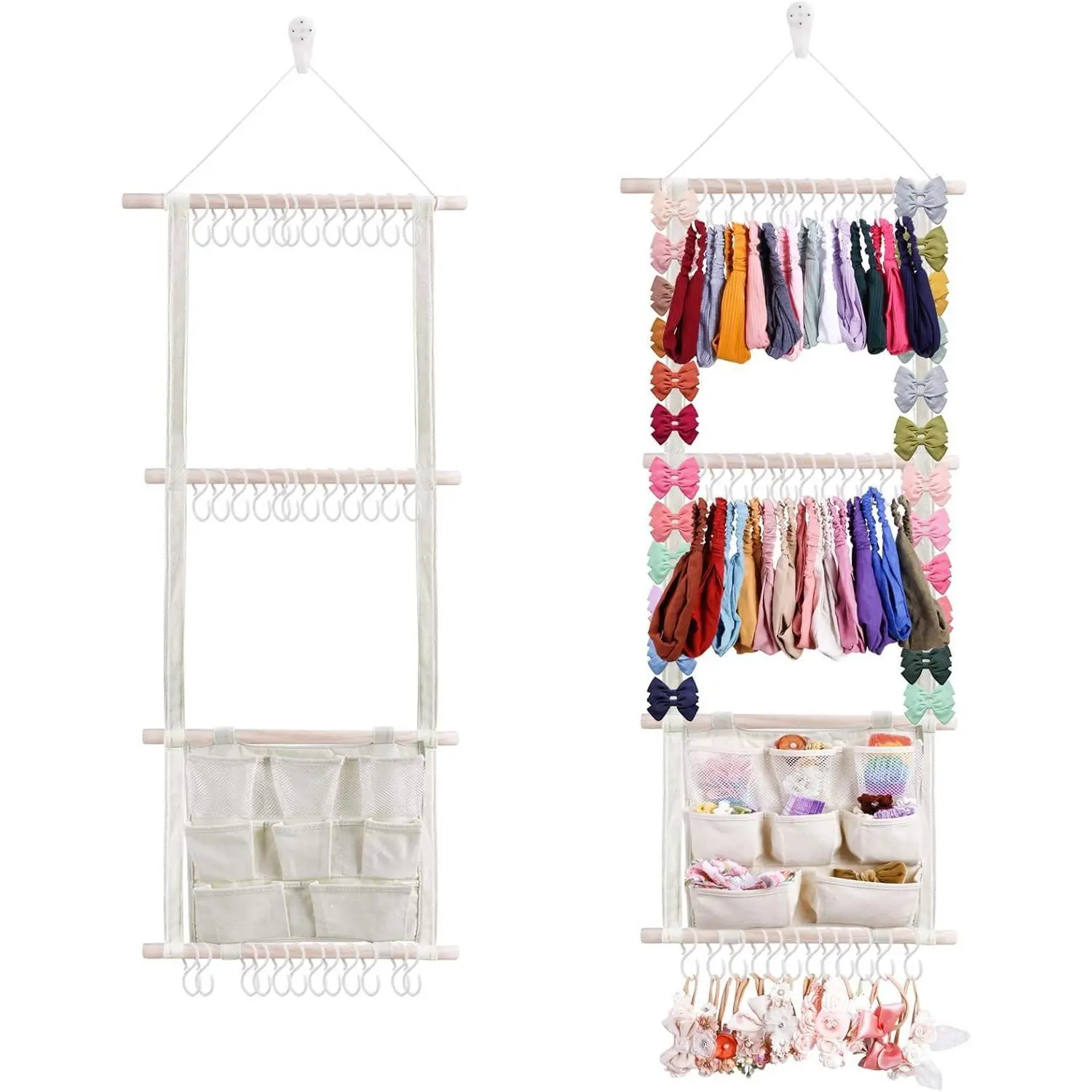 Oversized Handmade Cotton Rope Hair Bow Holder - Adjustable Plastic Hook Wall-Mounted Organizer for Girls, Baby Showers Nursery Storage to Organize Bows, Headbands, Hair Clips, Hangable, Racks