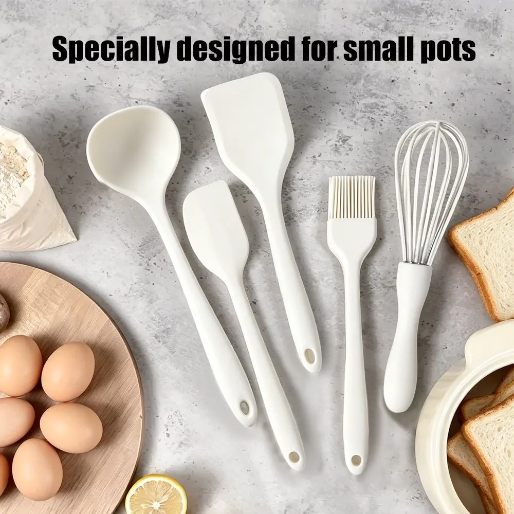 Mini Silicone Kitchen Utensils 5-Piece Set with Spatula Turner Soup Ladle Mixing Spoon Oil Basting Brush and Egg Whisk Heat Resistant Non-Stick Cooking Baking Tools for Small Pots Cream White Kitchenware