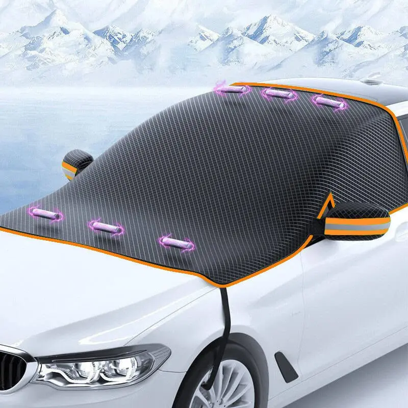 Car Front Windshield Snow Guard, Magnetic Oxford Fabric Sunshade Cover, All-Season Waterproof UV Protection, Reflective Strips, Fits Most Cars