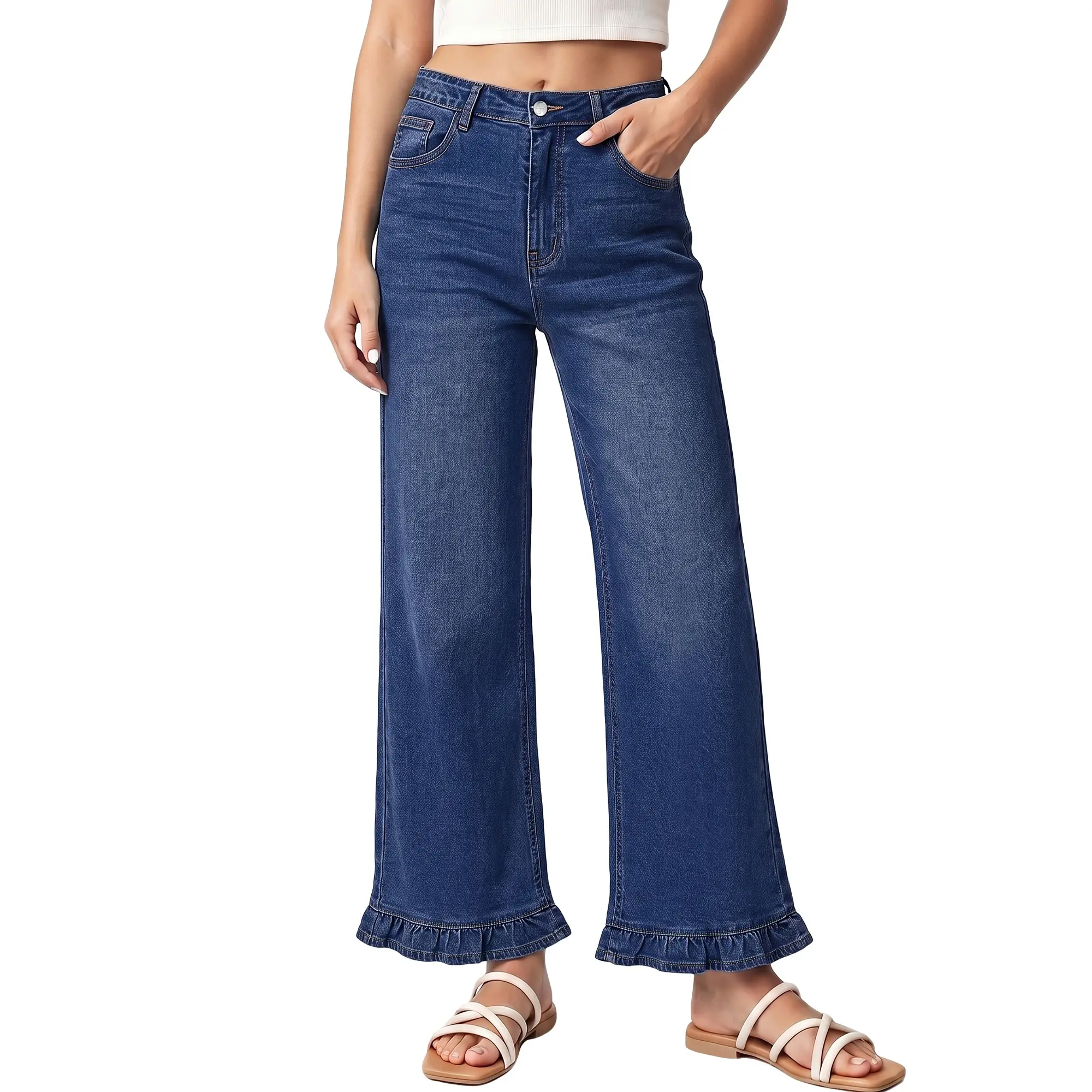 【NEW】GRAPENT Wide Leg Jeans for Women Ruffle Hem High Waisted Ankle Denim Pants | Trendy Baggy Jeans, Stretch Denim, High Rise Fit, Cropped Jean Pants, 27.5 Inch Inseam, Flattering Ruffle Hem, Weekend Casual backtoschool