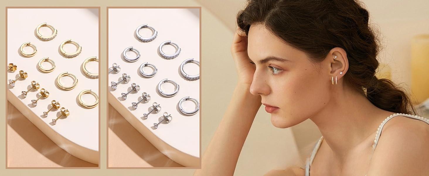 YADOCA Hoop Stud Earrings 7 Pairs 316L Surgical Steel Hypoallergenic Earrings Set for Multiple Piercing Non Tarnish Gold-Plated Cartilage Earring