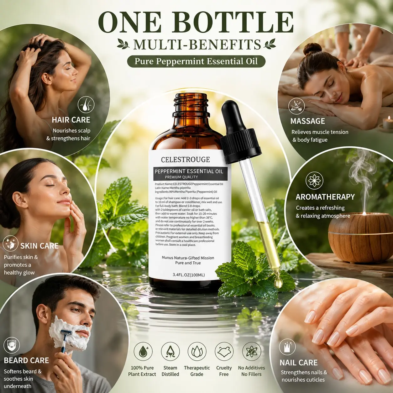 100ML Peppermint Essential Oil for Skin and Hair Care, Suitable for Dry, Oily, and Sensitive Skin, Tightening Face, Body, Nails, Hair, Lashes