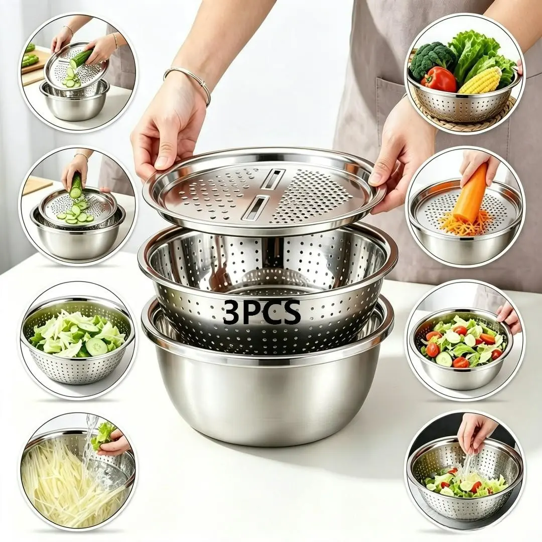 This 3-in-1 upgraded thick stainless steel set comes with a multi-functional veggie slicer & grater plus a drain basket! It’s perfect for washing salad greens and prepping ingredients, and it’s super easy to clean too. #MustHaveKitchenGear