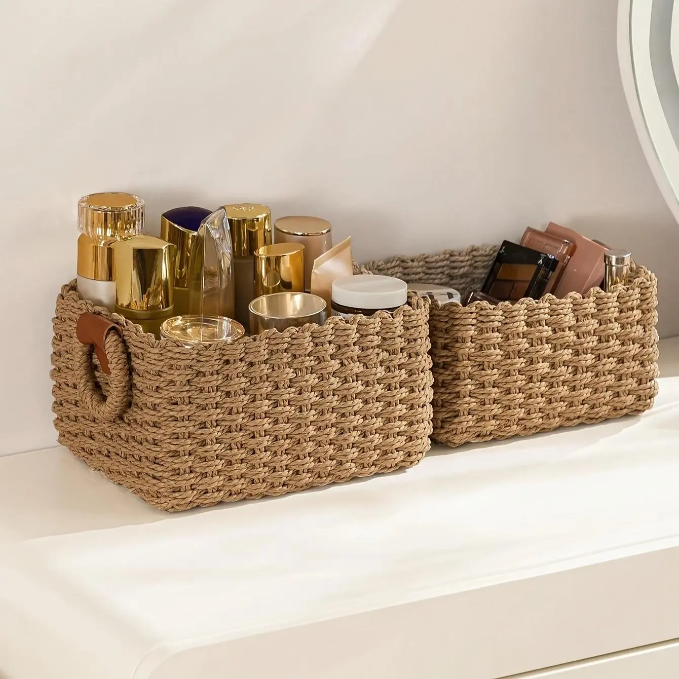 3pcs Woven Storage Basket, fall decorations for home, baskets, Christmas gift baskets, storage baskets for home decor and storage, Paper Rope Storage Basket with Handle, Small Woven Basket for Organising, Decorated Cute Gift Basket, Shelf Baskets