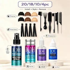 【Complete Wig Install Kit】20/18/10/4PCS Options 💜 Lace Glue, Melting Spray, Remover, Hair Wax Stick, Wig Caps & Edge Styling Tools For Lace Front Wig Install