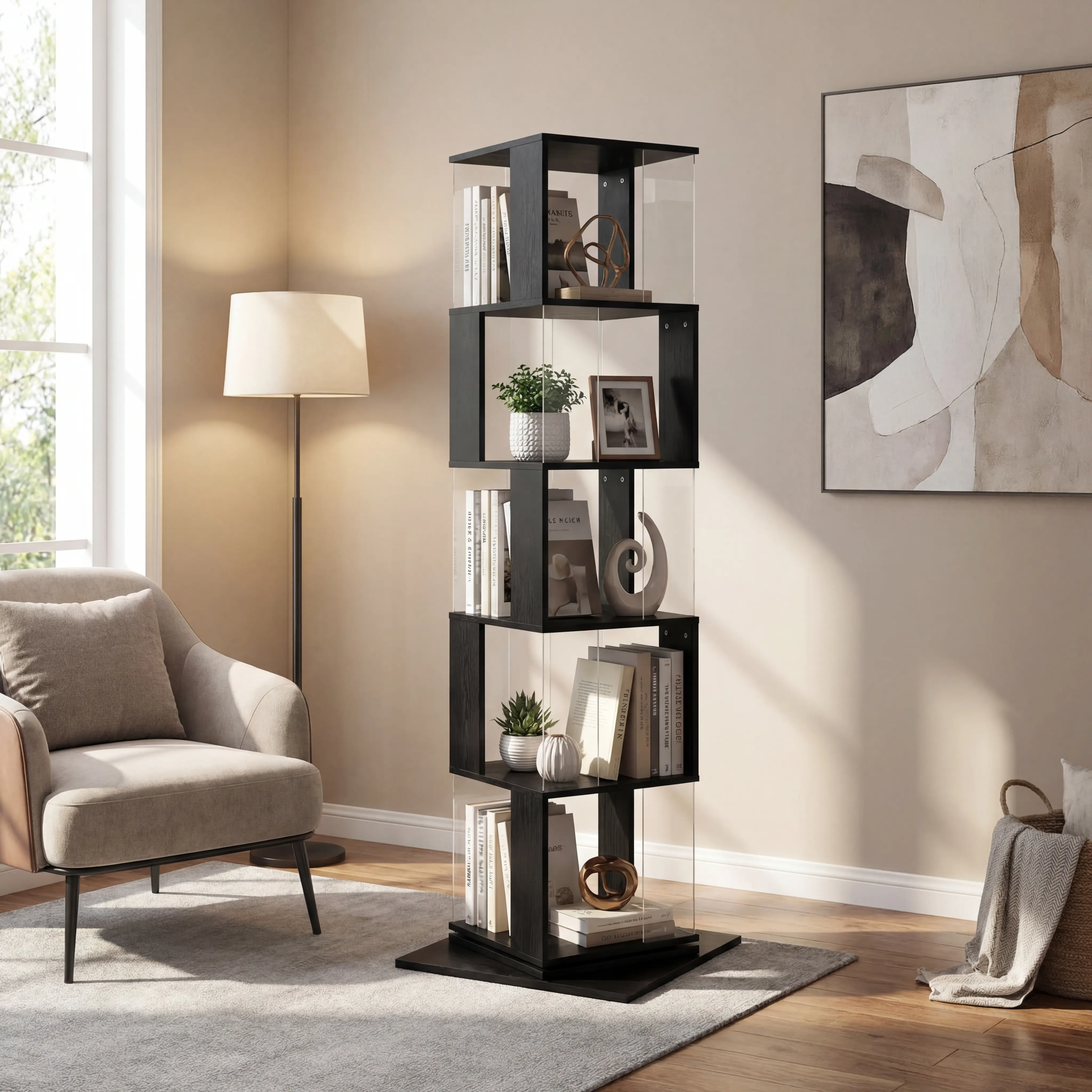 Nokaa 360° Rotating Bookshelf with Acrylic Plate, 5-Tier Tall Floor Rack, Modern Display Shelf for Living Room, Home Office, Bedroom, Storage Organizer, Black