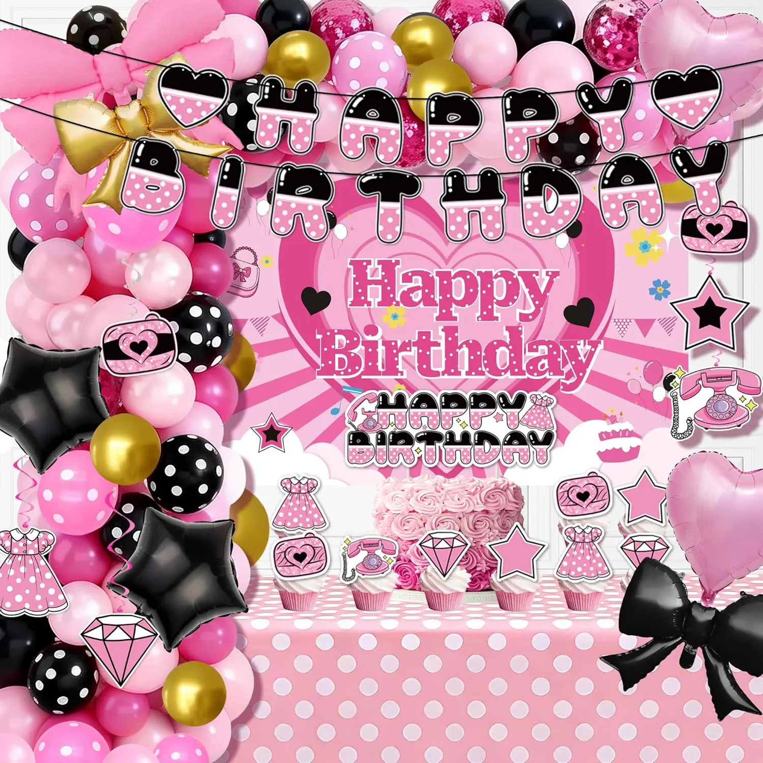 126PCS Pink Cartoon Mouse Birthday Party Decorations Kit - Event Setup Supplies Including Backdrop, Foil Balloons, Tablecloth, Cake Toppers for Girls' Baby Shower