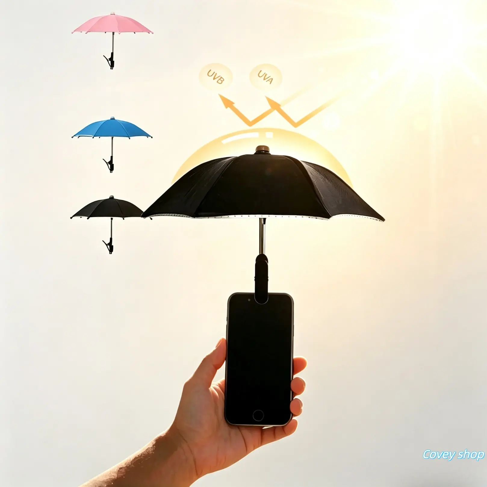Clip On Mini Phone Sun Umbrella, Waterproof UV Block Parasol With Secure Clip, Anti Glare Hands Free Phone Sun Shade Portable Outdoor Accessory For Beach Camping Driving Daily Summer Use