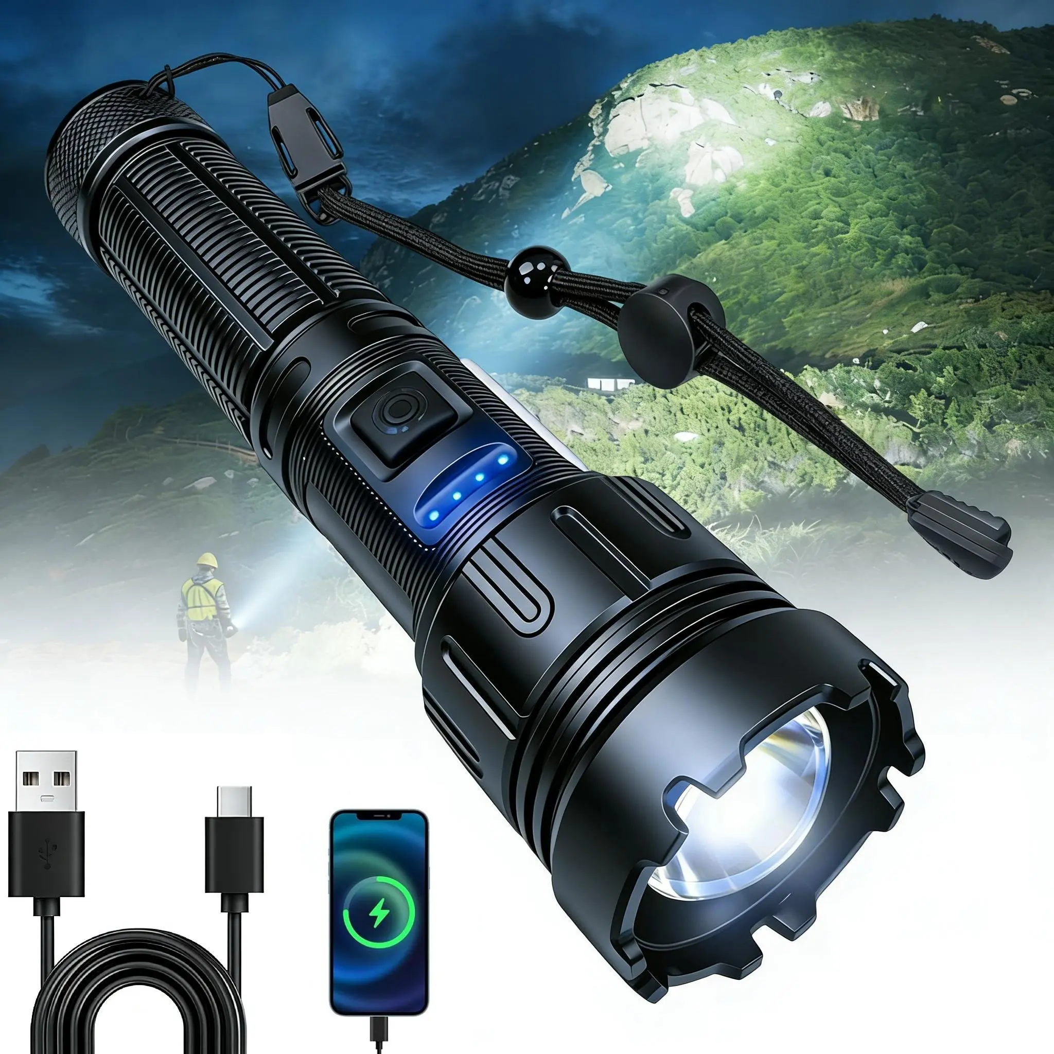 Tactical Flashlight Super Bright 1200LM, Rechargeable High-Lumen Flashlight with Zoomable Lens, High Power Flashlight Torch, Heavy Duty Pocket Light Camping Essentials & Car Emergency Tool
