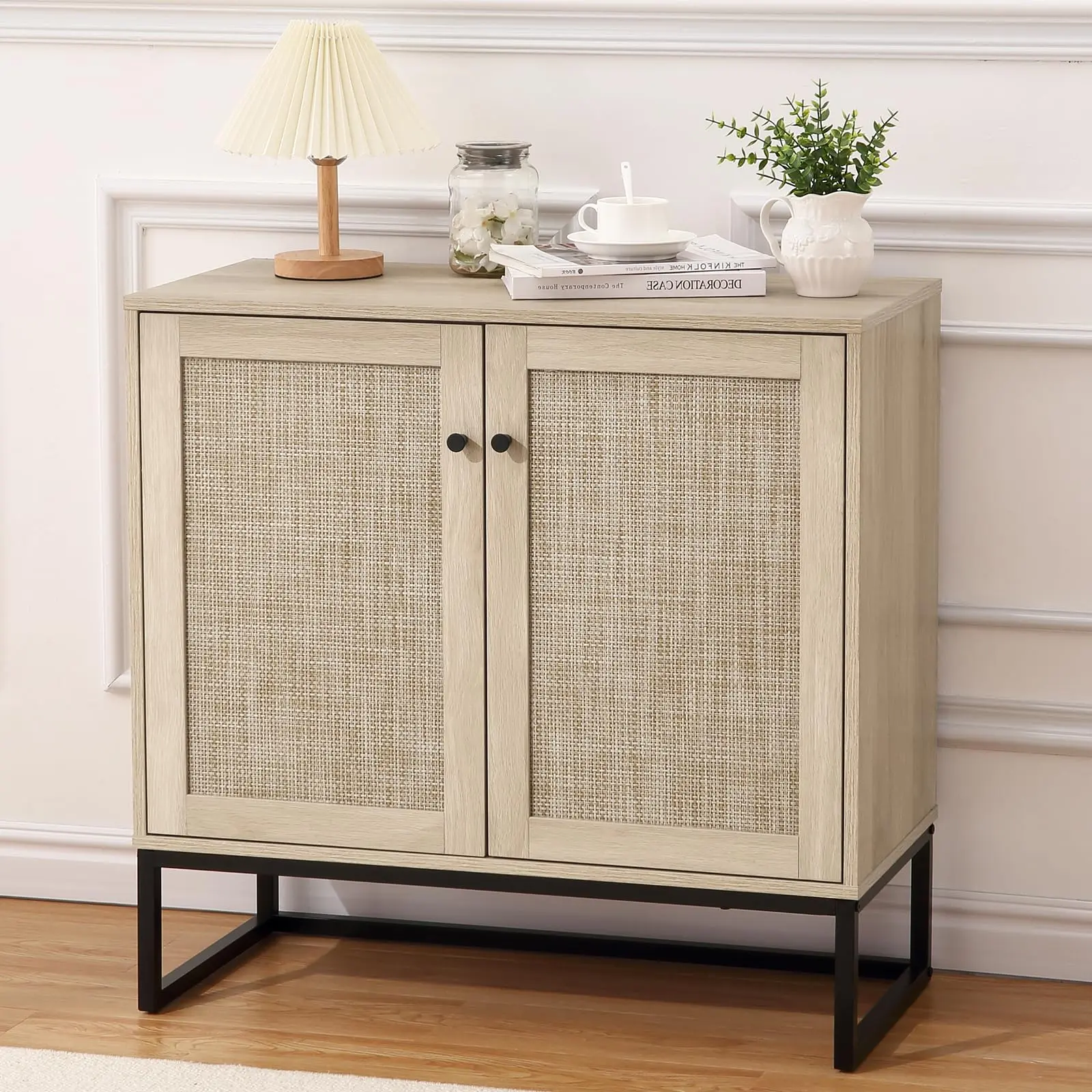 Christmas DealGARVEE Sideboard Buffet Cabinet with 2 Rattan Doors, Farmhouse Console Table with Storage, Entryway Accent Table Kitchen Cupboard for Living Room, Hallway, Dining Room, Natural