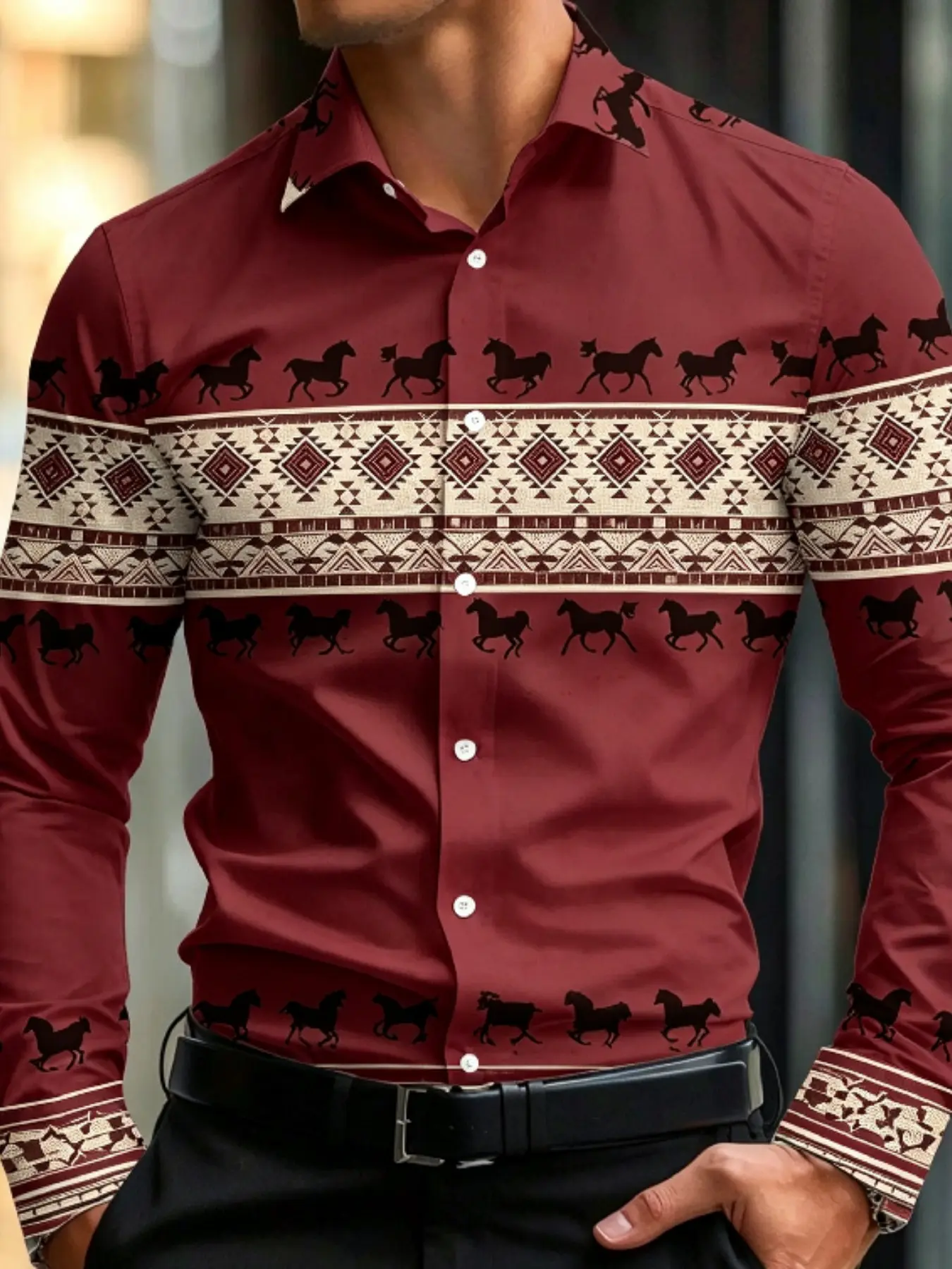 Men's Sublimation Long Sleeve Button Down Shirt, Classic Lapel Western Casual Blouse with Galloping Horse Silhouette Navajo Tribal Classic Stripe Pattern Geometric Stripe Print, Breathable Top for Streetwear Outdoor Country Vacation Outfit