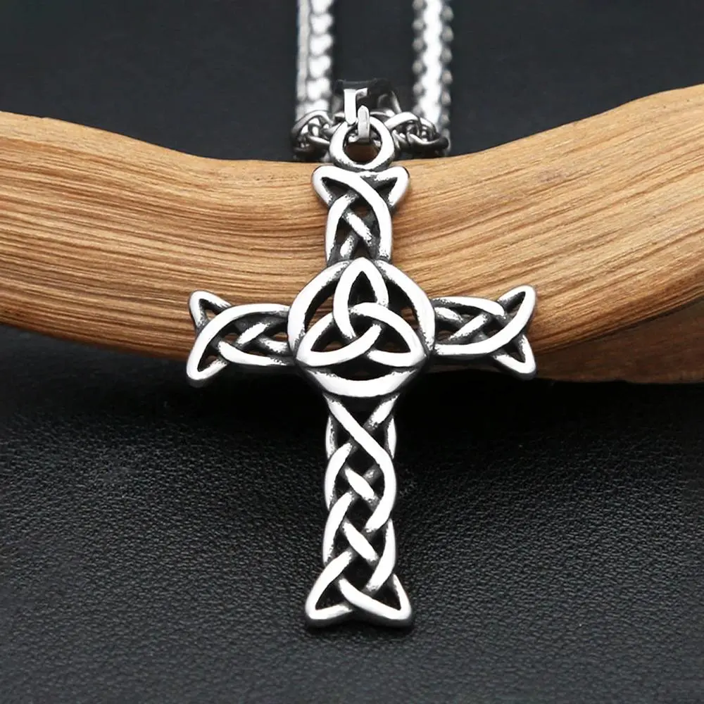 Unisex Vintage Cross Pendant Necklace - 316L Stainless Steel Jewelry, Nordic Viking Celtic Knots Amulet, Colorfast Metal, Cross Shape, Multiple Lengths, Fashion Costume Accessory, Everyday Use