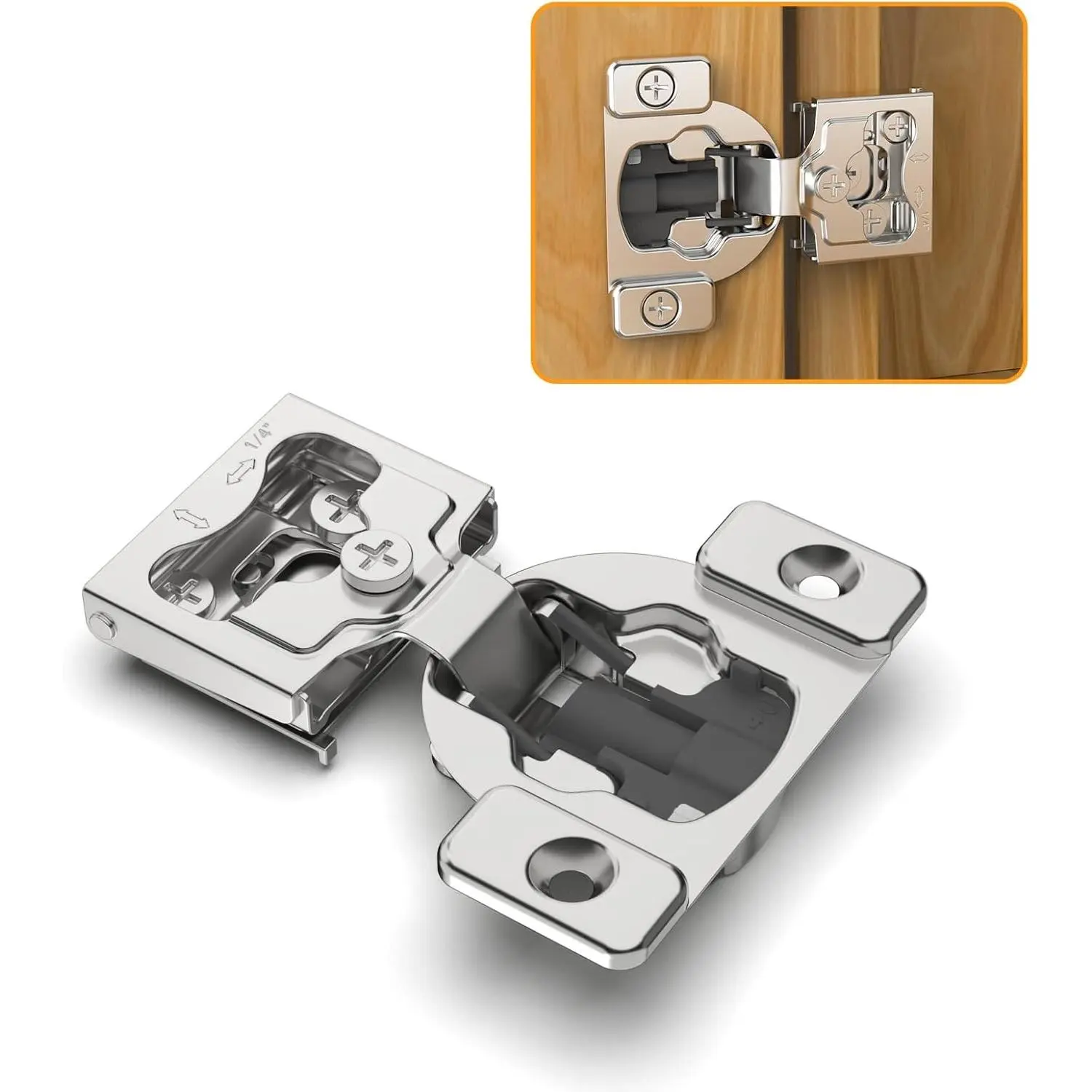 10 Pack 1/4" Small Overlay 4D Concealed Hinges for Face Frame Door, Soft Close On/Off Switch, Self Closing, 105° Open Angle Concealed Stainless Steel Hinges for Framed Cabinet, Satin Nickel