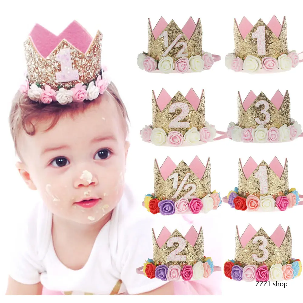 Glitter Princess Crown Party Hat with Colorful Rose Flowers for Baby's 1st, 2nd, or 3rd Birthday, Toddler Cake Smash Photo Prop, Party Hats, First Birthday Hat