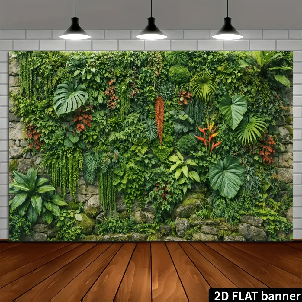 Tropical Plant Wall 2D Flat Banner, Single-Sided Polyester Material, Metal Hooks for Easy Hanging, Natural Background Wall Decor