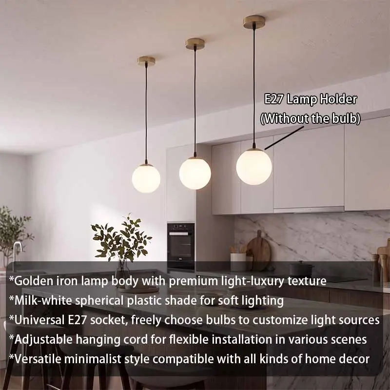 Modern Minimalist Ball Pendant Light, Base, Milk Diffuser, Adjustable Chain, E27 Socket, Suitable for Bedroom, Dining Room, Kitchen, Ceiling Lights