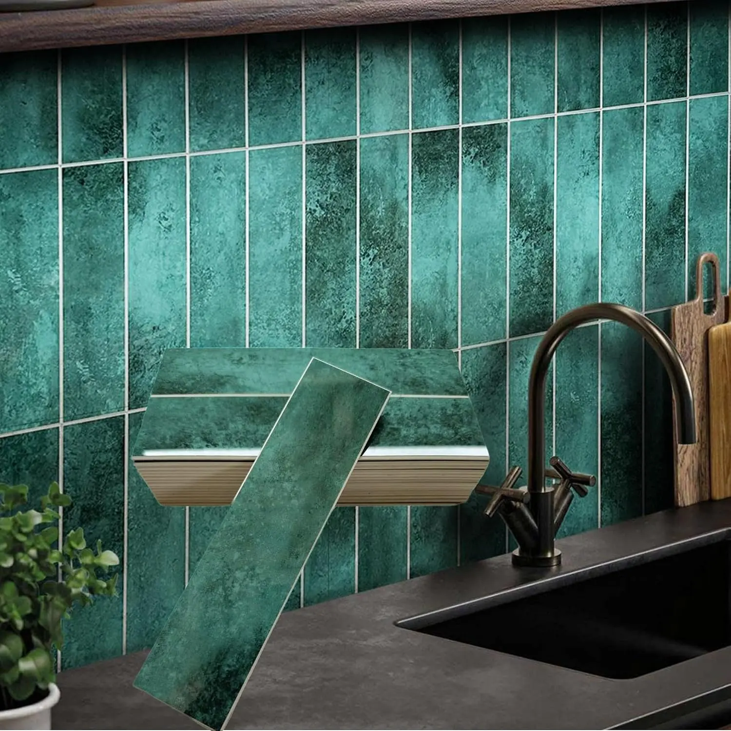 Luxury Peel and Stick Subway Tile Backsplash (Green  in Brick 2.5" x10"Brick x 42 count) Hard as Stone for Wall of Kitchen, Bathroom, Accent Wall,  Camper, Stickon for Remodeling