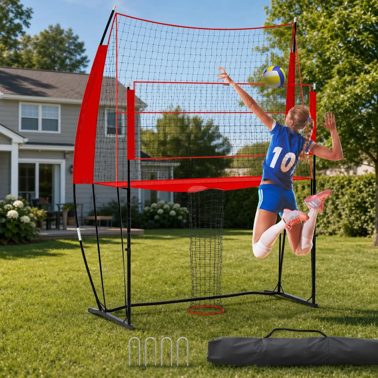 8x11FT Volleyball Training Net System - Adjustable Height Tracking System, Portable Bouncy Net with Automatic Ball Return Catching Sock for Backyard Efficient Spiking Set Volleyball Practice, Nets, Spiking Set Volleyball Nets