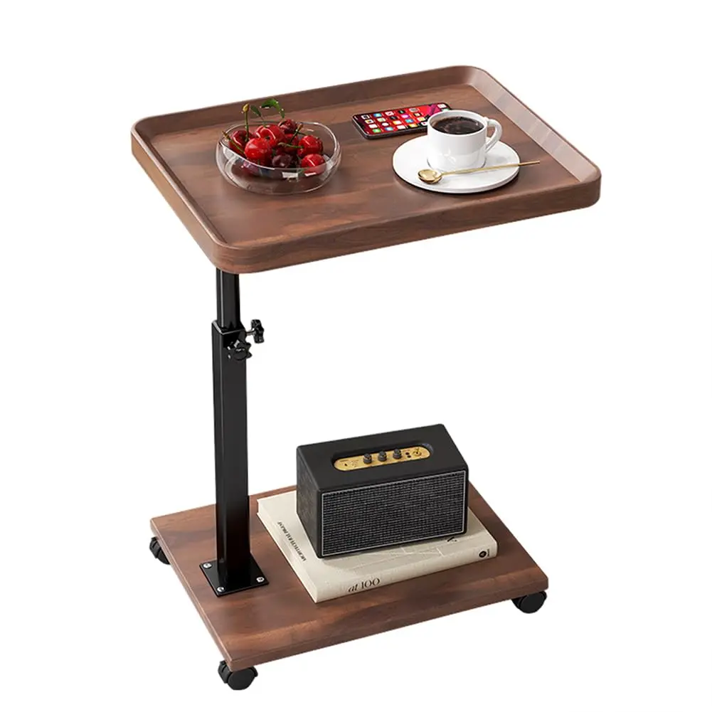 Rolling C-Shaped Adjustable Height Side Table with 360° Swivel Tray, 17.7-31.5 Inch Mobile Sofa End Table with Raised-Edge Wood-Look Top, Metal Frame, Lower Storage Shelf and Casters for Laptop, Couch, Bed, Recliner, Living Room, Bedroom, Small Spaces