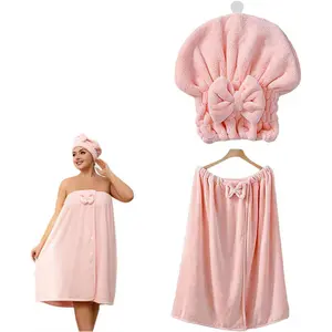 Plus-Size Adjustable Bath Skirt & Quick-Dry Cap Set Soft Coral Fleece Skin-Friendly Coral Fleece Fast Absorption