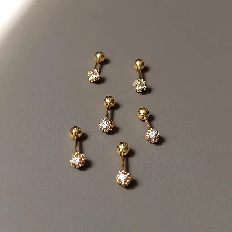 Female 2pc Sparkling Full-Diamond Stud Earrings, Threaded Silver Pins for Ear Piercing Care, Screw-On Design, Unique High-End Small Costume Jewelry
