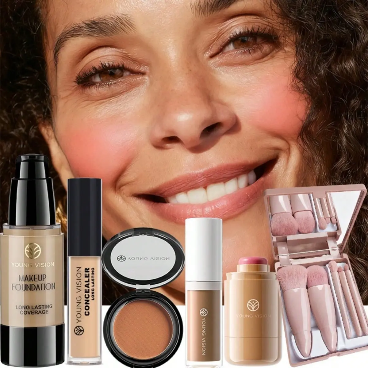 10-Piece Facial Makeup Sets: 1 Tube Of Dark Matte Long-Wearing Foundation & 1 Concealer & 1 Blush Stick & 1 Contour Liquid & 1 Waterproof And Sweat-Proof Matte Bronze Contour Powder & 5 Facial Makeup Brushes For Makeup Sets