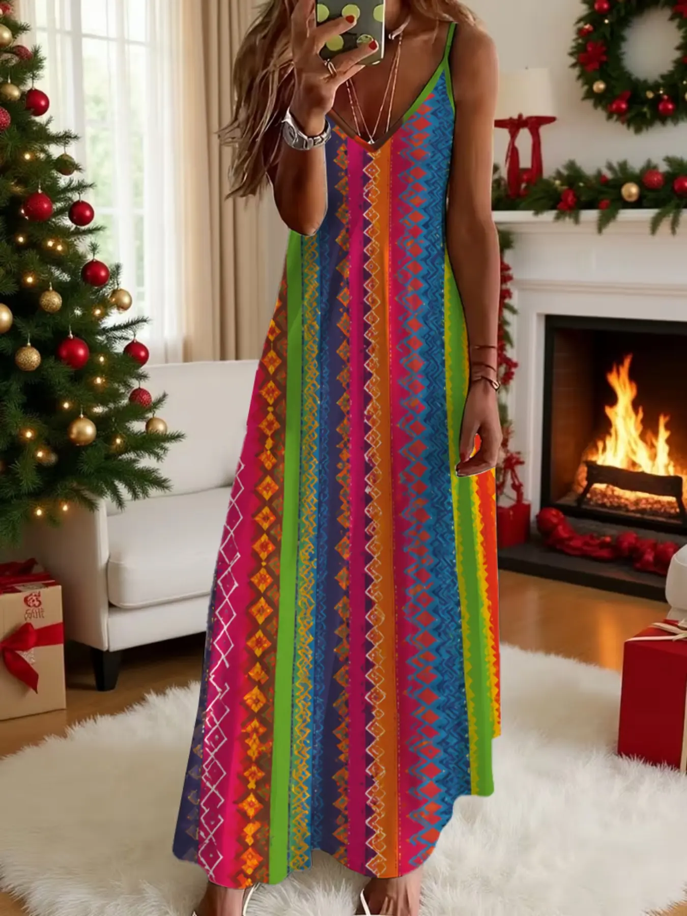 Vintage Ethnic Rainbow Geometric Dress, V Neck Strappy Long Dress, Loose-Fit Sleeveless Maxi Dress, Summer Beach Vacation Casual Dress, Bohemian Beach Dress, Tropical Dress