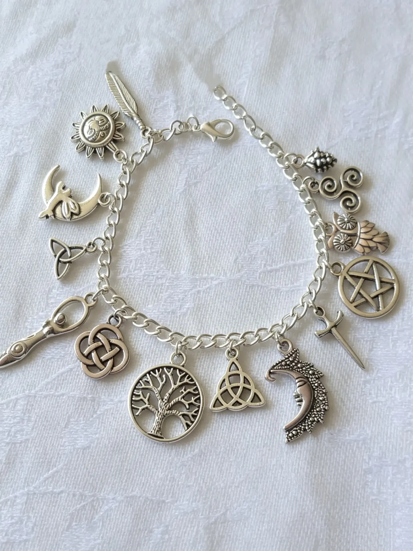 Vintage Wizard Charm Bracelet, Silver Color Pagan Jewelry, Moon Sun Life Tree Owl Star Charms, Celestial Gothic Bohemian Gift