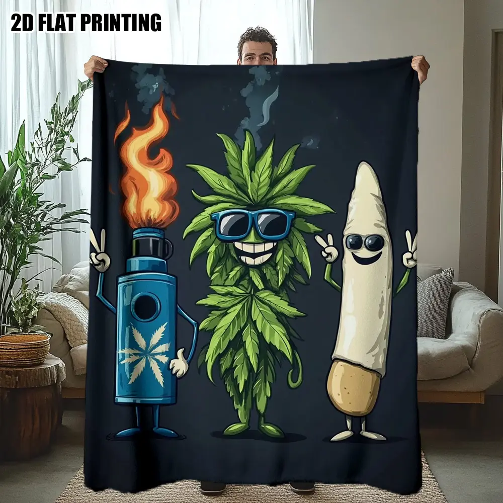 1Pc Culture Throw Blanket Flannel Sofa Bedspread With Joint Candlestick Bud Bacon Cartridge Designs Dark Navy Blue Background All Season Soft Decor For Living Room Dorm Office Funny Weed Lover Gift Idea Marijuanna Decor Christmas Gifts