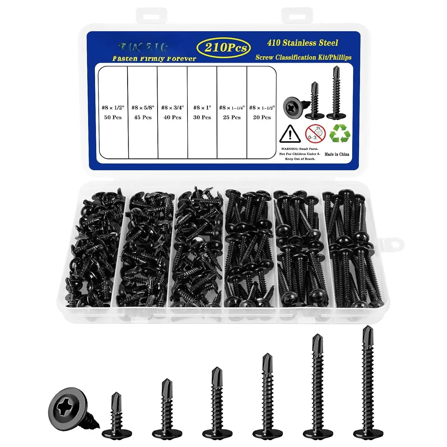 210 count #8 Sheet Metal Screws  Kit, 410 Stainless Steel Self Tapping Screws for Metal, Self Drilling Screws,  Truss ,6 Sizes 1/2" 5/8" 3/4" 1", 1-1/4" 1-1/2" (Black)