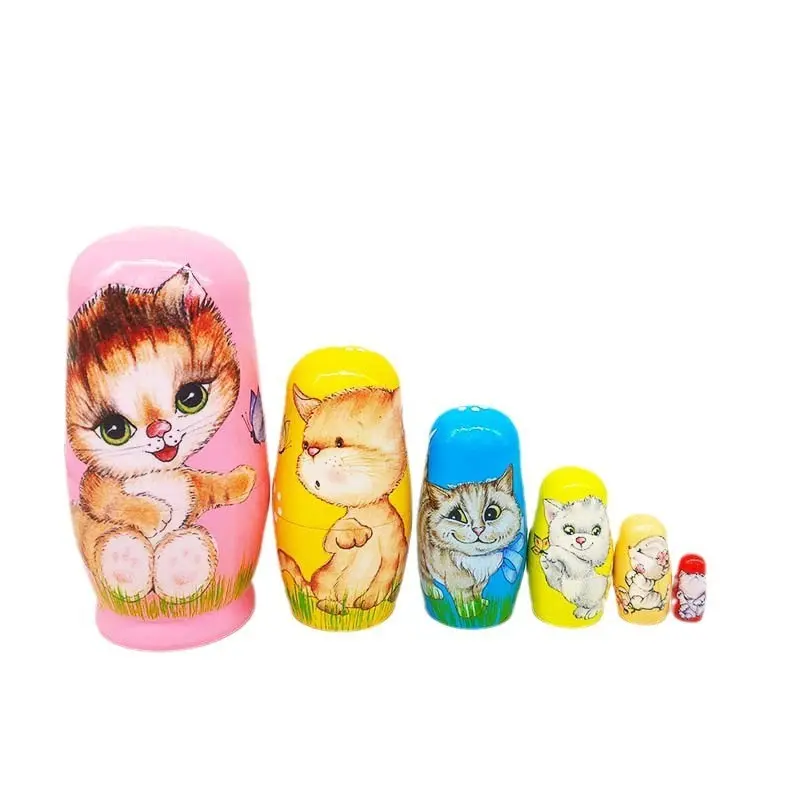6-Layer Pink Wooden Cat Russian Nesting Dolls Set1 - Hand-Painted Unisex Nested Stacking Toys, Decoration for Shelves Party, No Battery Needed, Suitable for 3+ Years Old