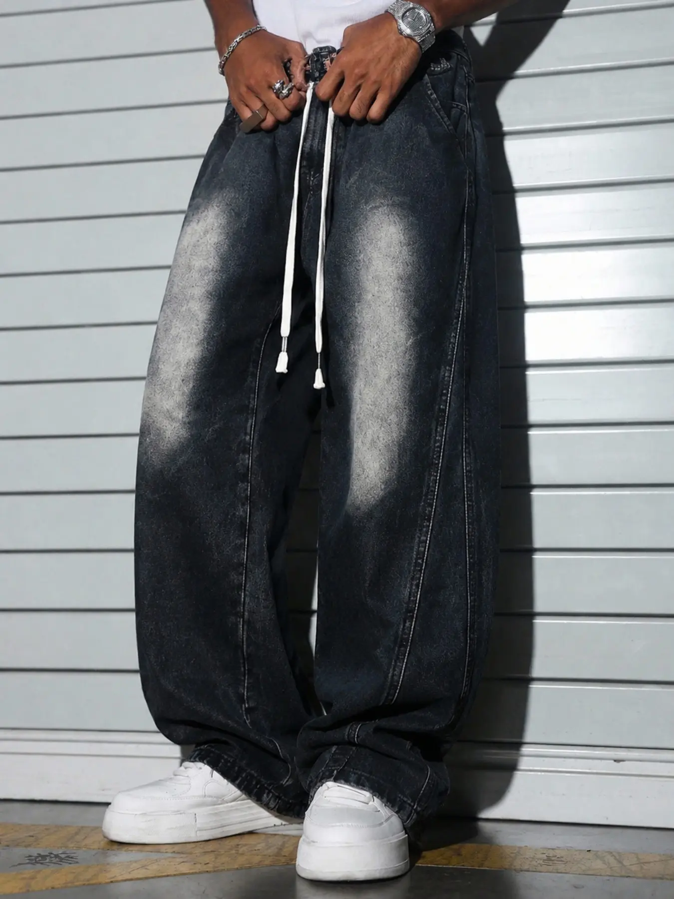 Men’s Light Blue Washed Jacquard Jeans with Drawstring Waist and Vertical Panel Seams, Baggy Wide Leg Y2K Streetwear Denim Pants