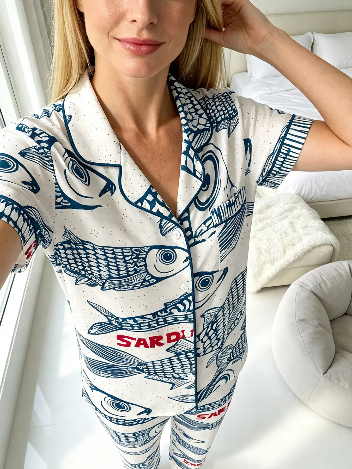 Women's All‑Season Cardigan Short‑Sleeve Top & Long Pants Pajama Set, Ocean Sardine Fish Print, Ins Art Style Loungewear, Loose‑Fit Home Sleep Outfit
