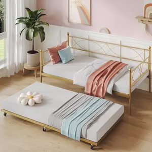 Twin Daybed with/without Trundle, Metal Twin Daybed and Trundle Set, Steel Slat Support Daybed Sofa Bed Frame, Multifunctional Daybed Frame for Bedroom