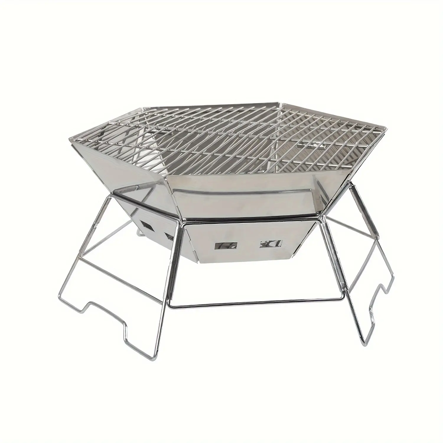 Outdoor Stainless Steel Barbecue Stove BBQ Folding Stove Portable Hexagonal Firewood Charcoal Stove Camping Incinerator Tea Stove Surround Stove