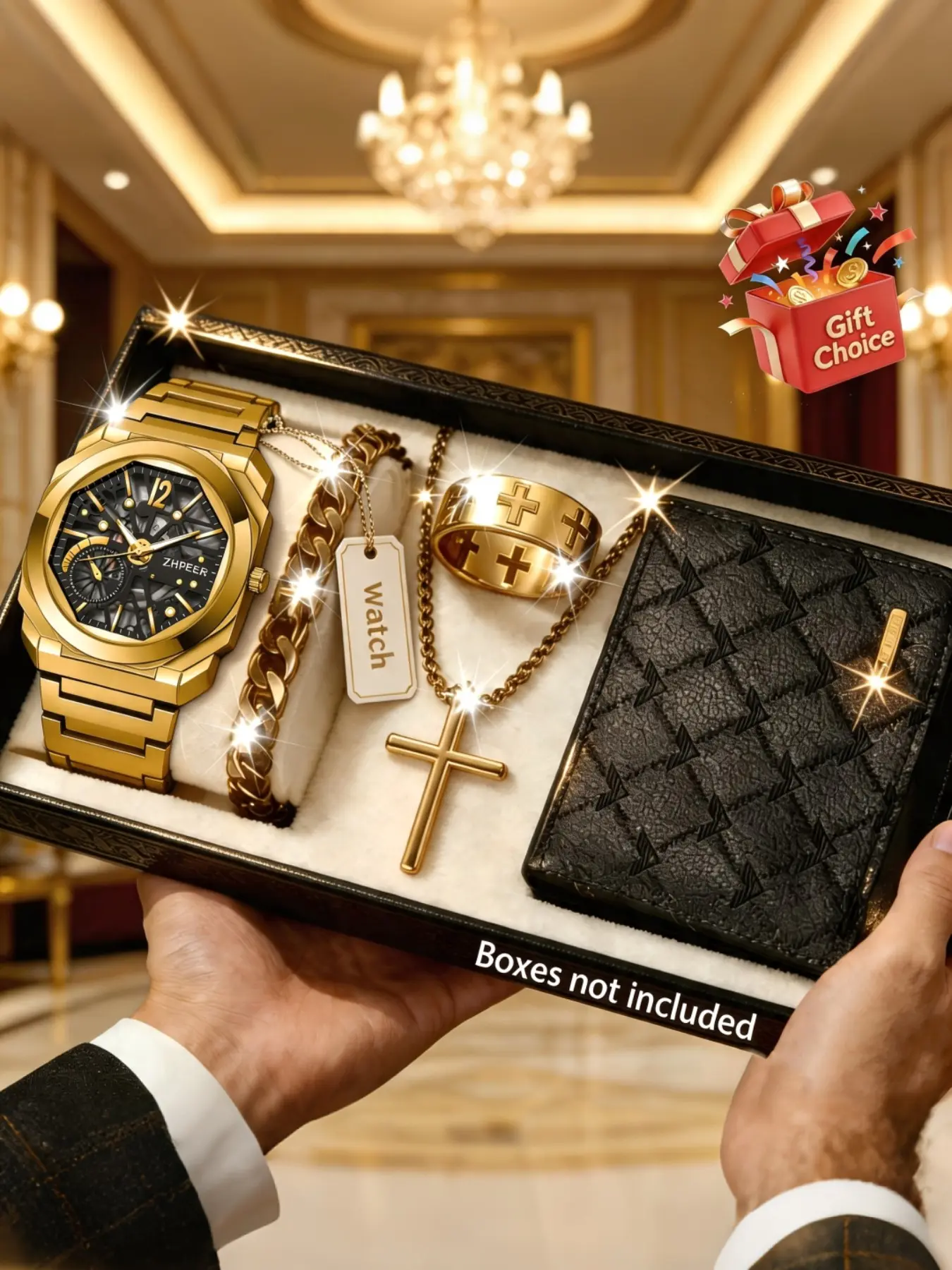 5pcs Men's Casual Sports Set, Multi-Function Watch, Shiny Necklace, Ring, Bracelet, Wallet, Perfect for Daily Wear, Birthday Gift, Personal Use