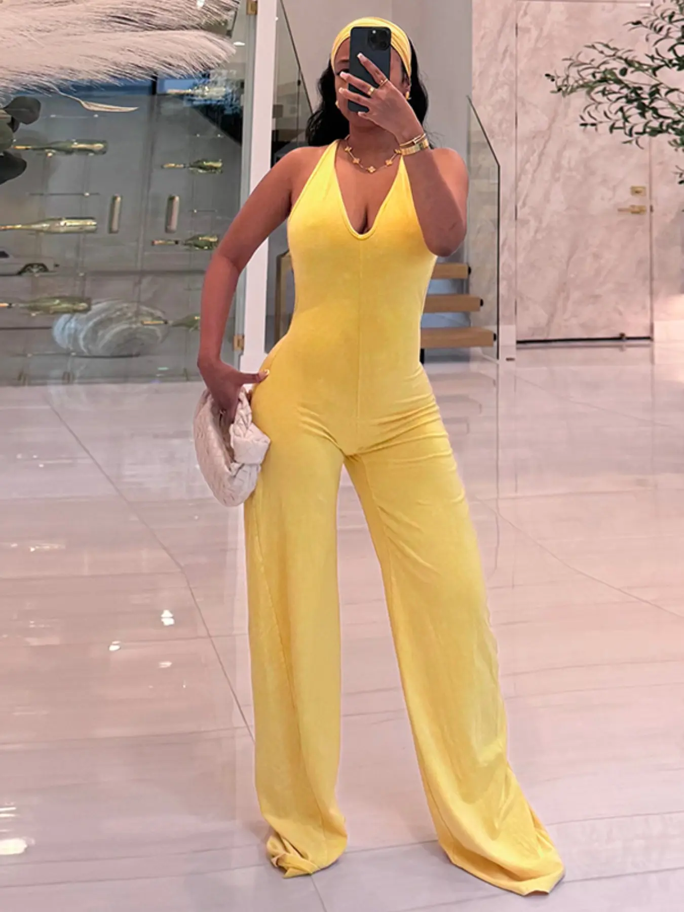 Women's Elegant V-Neck Halter Waist Cinched Wide Leg Jumpsuit Matching Set with Headband, Casual Fitted Solid Pattern All Seasons