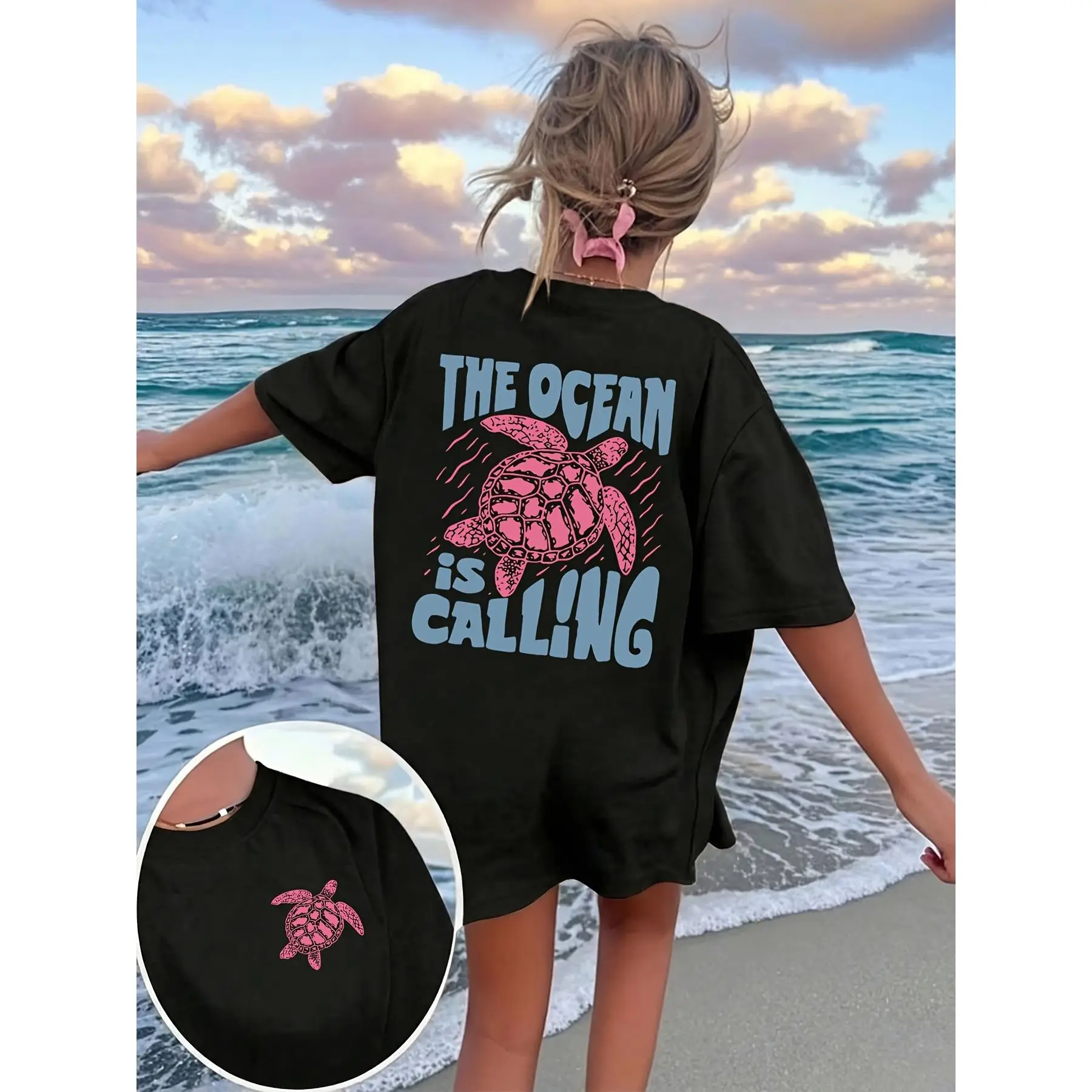 Y2K-style summer tops, cute and playful vintage turtle graphic tees, 90s marine-life print shirts with cartoon letter designs, ideal casual wear for women that is versatile and comfy, perfect for beach
