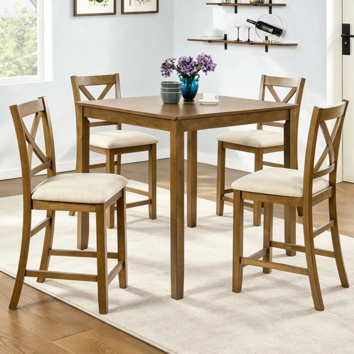 Aobtkel Oak Finish 5-Piece Counter Height Kitchen Table Set - Square Table, 4 X-Back Ergonomic Counter Height Chairs, Solid Wood Frame, Waterproof Surface, Easy Assembly - Ideal for Small Spaces, Kitchen, Contemporary, Casual Meals