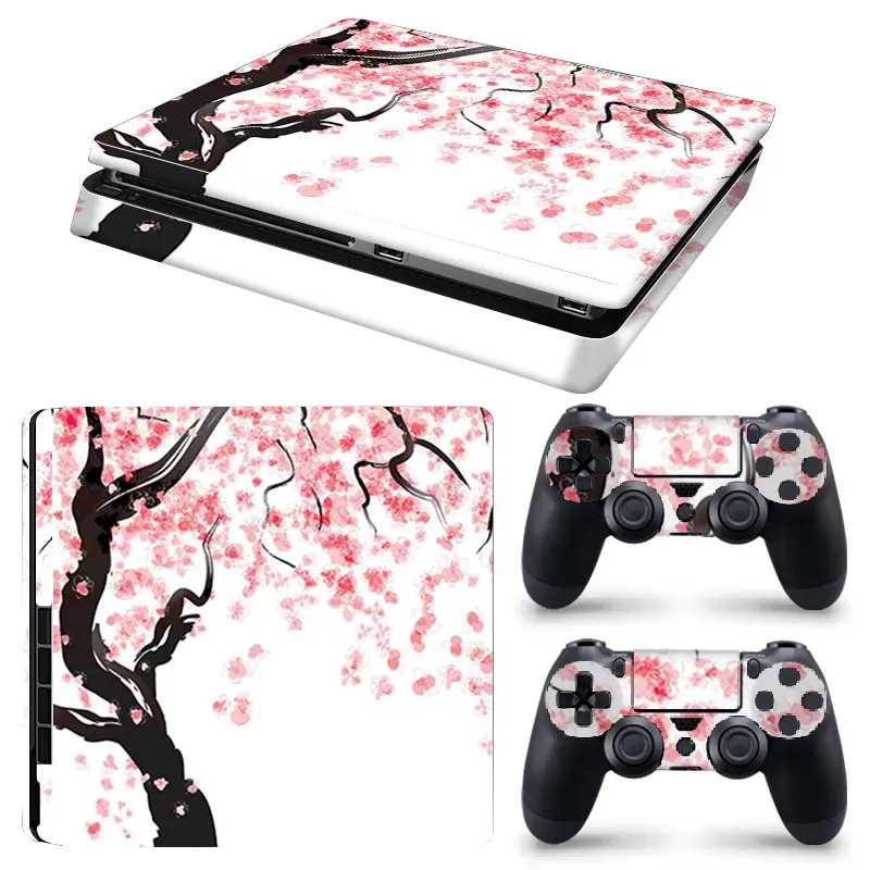 Pink Blossom Branch Aesthetic Vinyl Skin Sticker Set Compatible with PS4 Slim, 1 Console Skin + 2 Controller Skins, Waterproof, Scratch Resistant, Durable, Removable No Residue