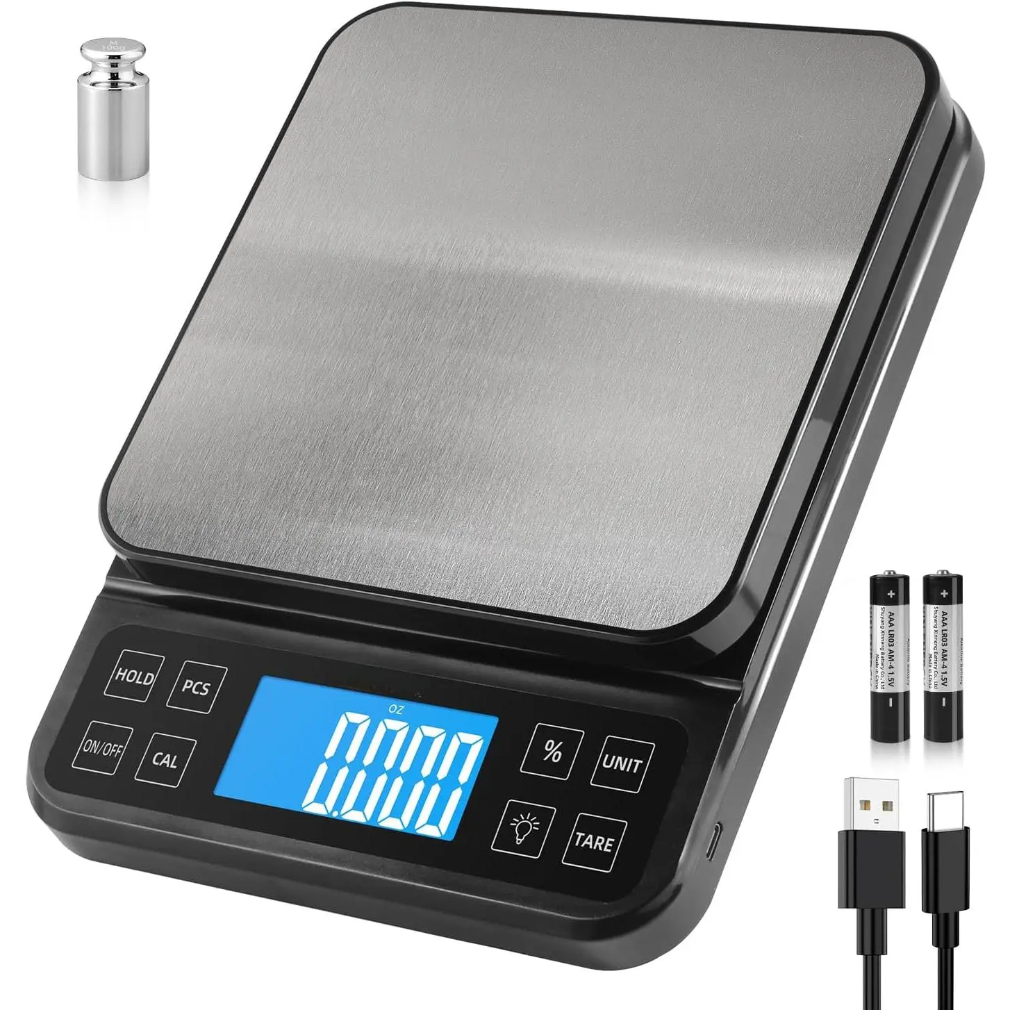 Large Kitchen Scale with 0.1g/0.001oz High Precision, 5kg/11lb Bakery Scale with% Percentage Function, USB Rechargeable, Full-View Angle LCD with Backlight, Stainless Steel Pan