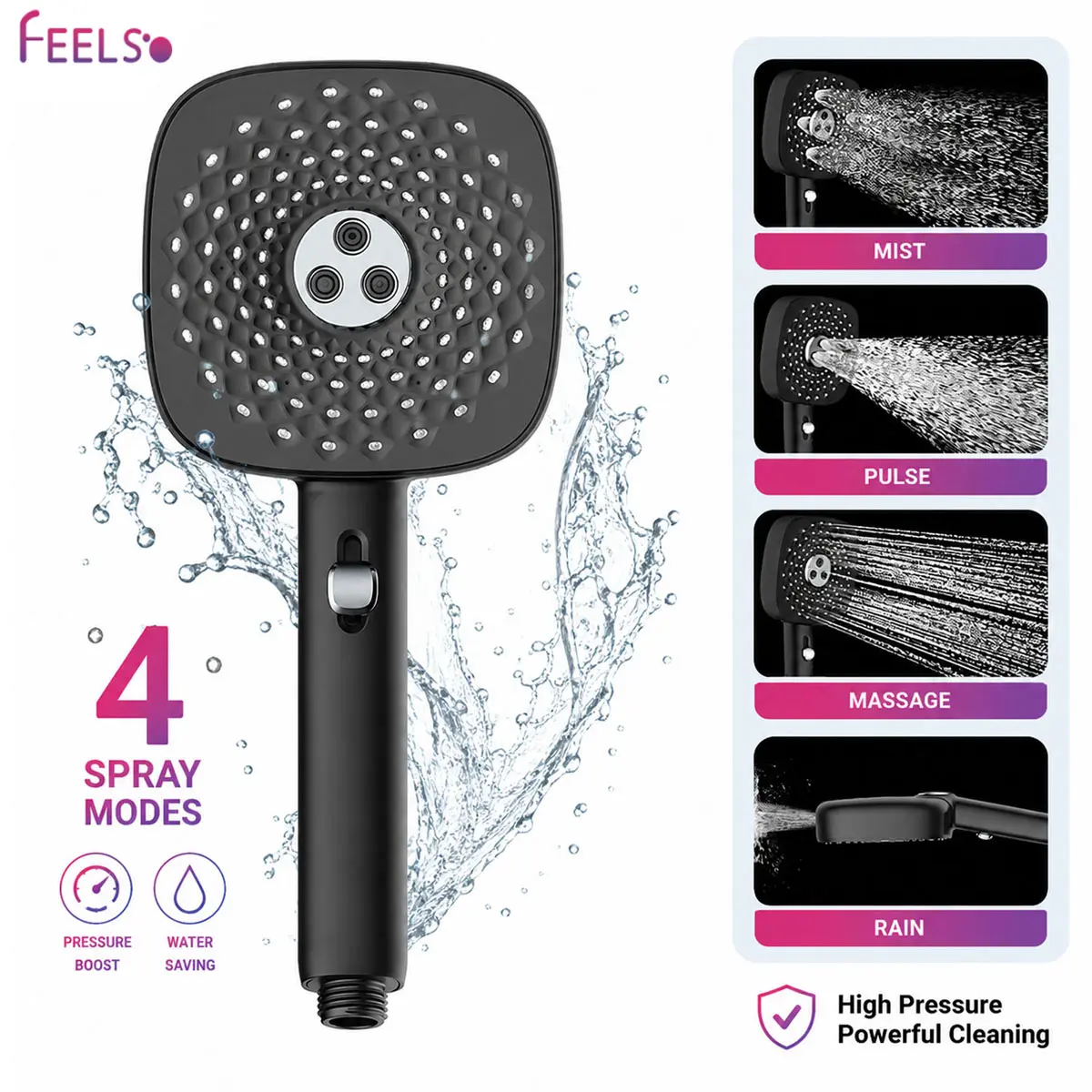 FEELSO 4.8" High Pressure Plastic Handheld Shower Head, 4 Spray Modes, Air Boost Water Flow, Universal 1/2"-Thread Wall Mount, Matte White & Black