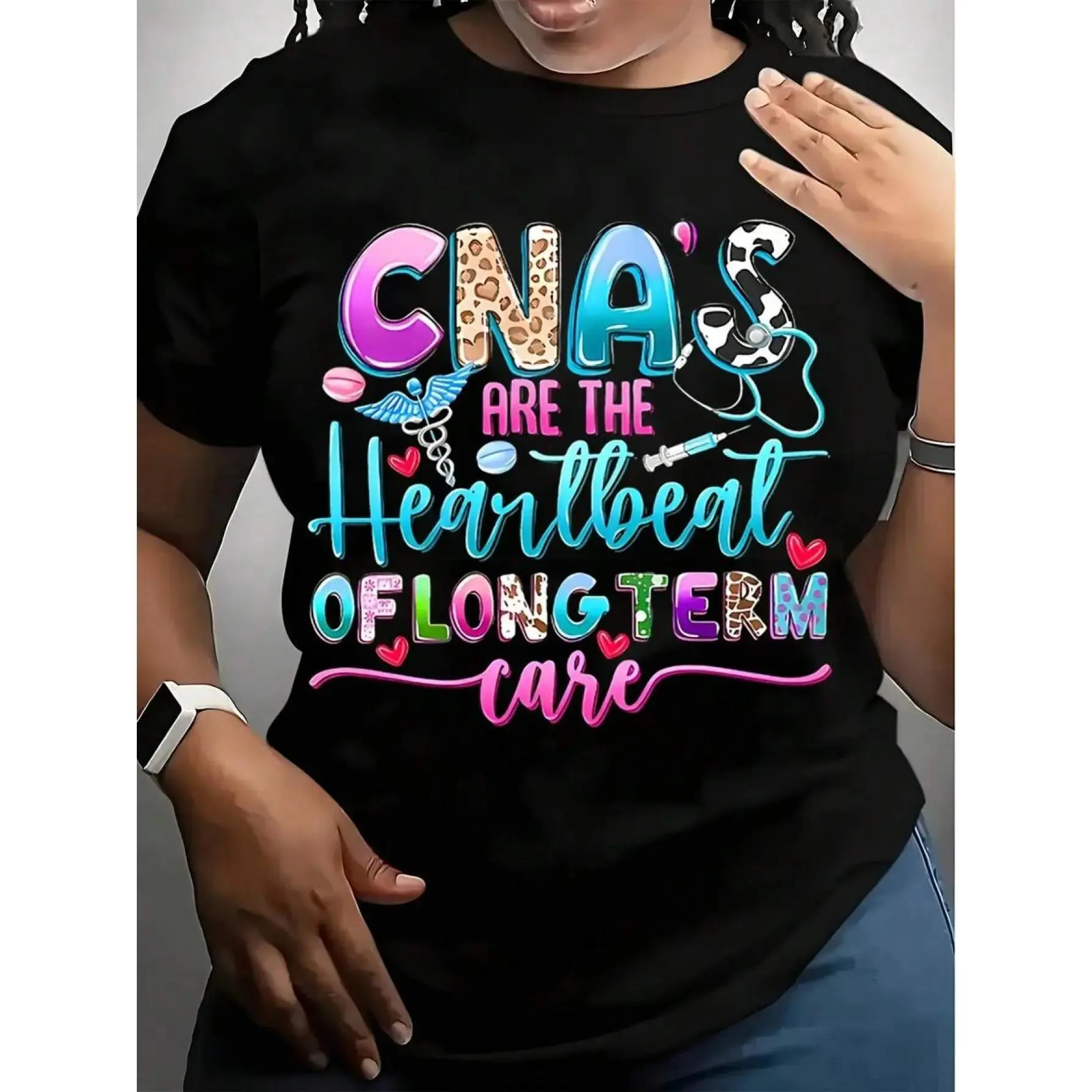 CNA T-Shirt for Nursing Professionals, Casual Short Sleeve Cotton Top with a Leopard Stethoscope Graphic, Smooth and Seamless Fabric