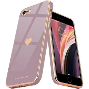 for iPhone SE 2020/2022 Case, for iPhone 7 Case, for iPhone 8 Phone Case for Women Girl Cute Love-Heart Luxury Bling Soft Cover Camera Protection Bumper Silicone Shockproof Case, Lavender