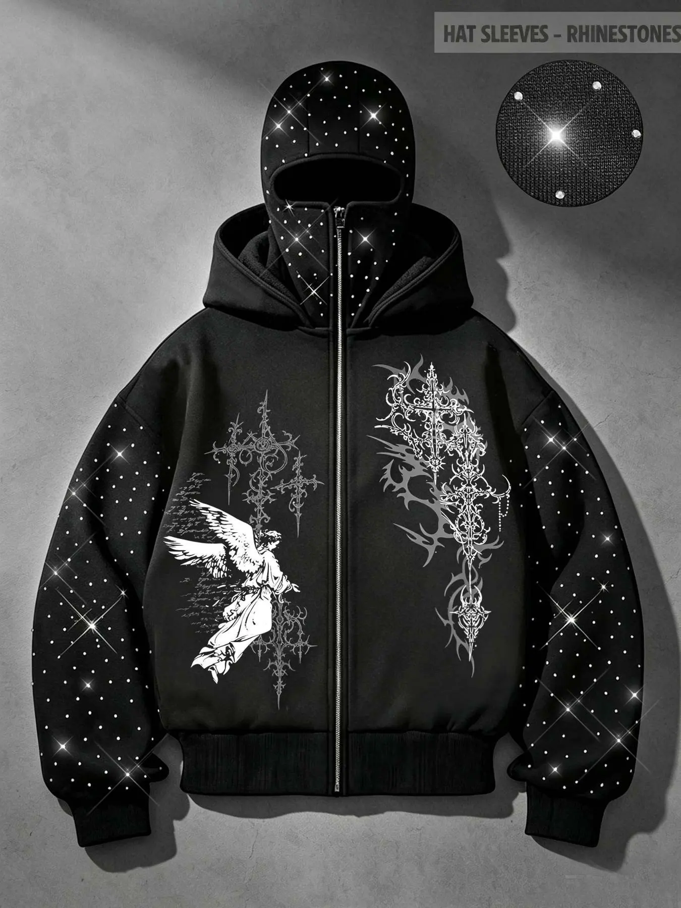 Men's rhinestone-studded hoodie featuring a zip-up hood/mask and rhinestone-covered sleeves; unisex Y2K-style oversized streetwear hoodie with Gothic angel-and-cross or vintage thorn prints, available in pullover and zip-up styles.