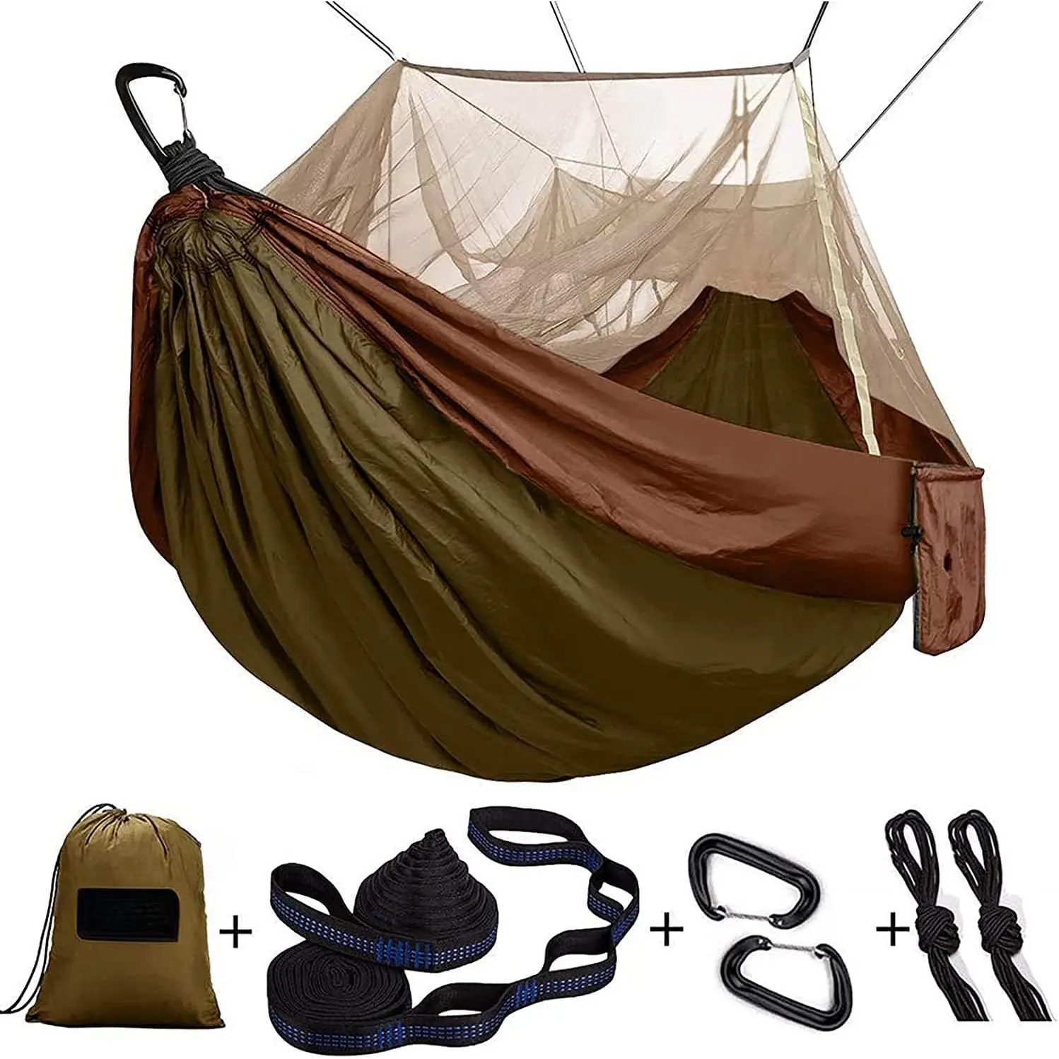 Camping Hammock, Portable Single & Double Hammock with Net, 2 Person Hammock Tent with 2 * 10ft Straps, Best for Outdoor Hiking Survival Travel