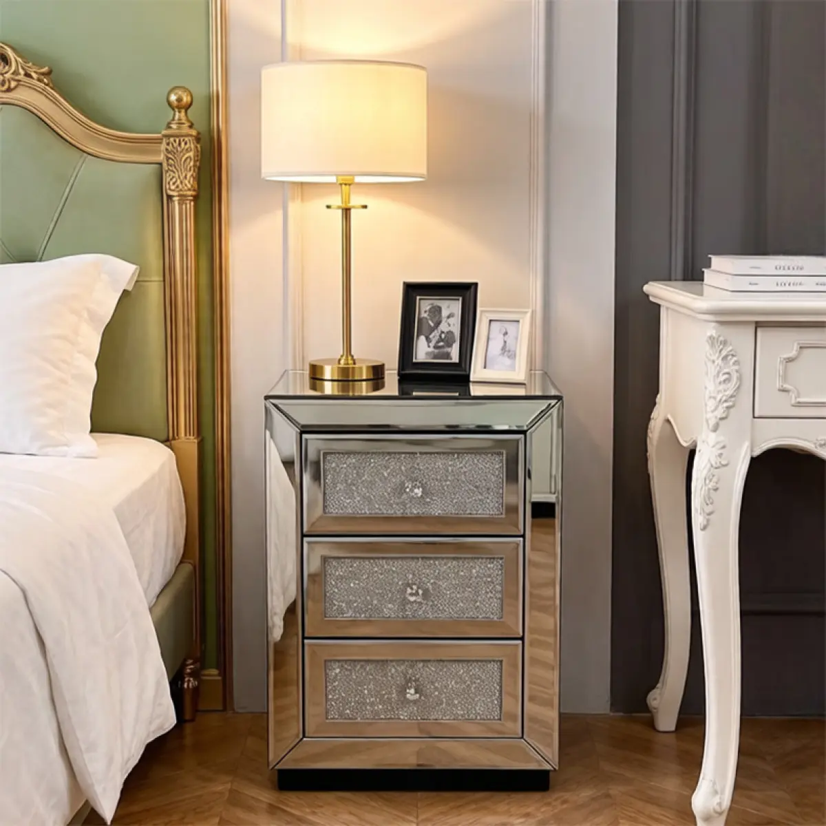 Nightstand 3-Drawer Mirrored Bedside Table Glass Accent End Table, Silver